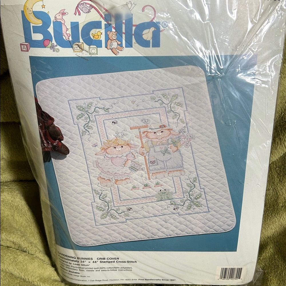 NWTMIP Bucilla Crib Cover Quilt KIT Baby Infant "Gardening Bunnies" Embroidery